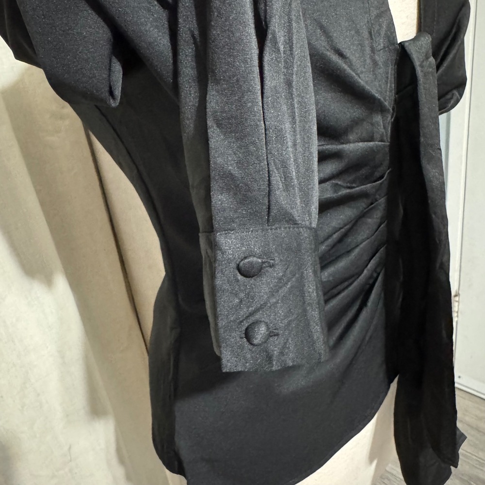 Idem Ditto Black Ruched Front Long Sleeve Collared Button Down Gothic Shirt M - Picture 5 of 14